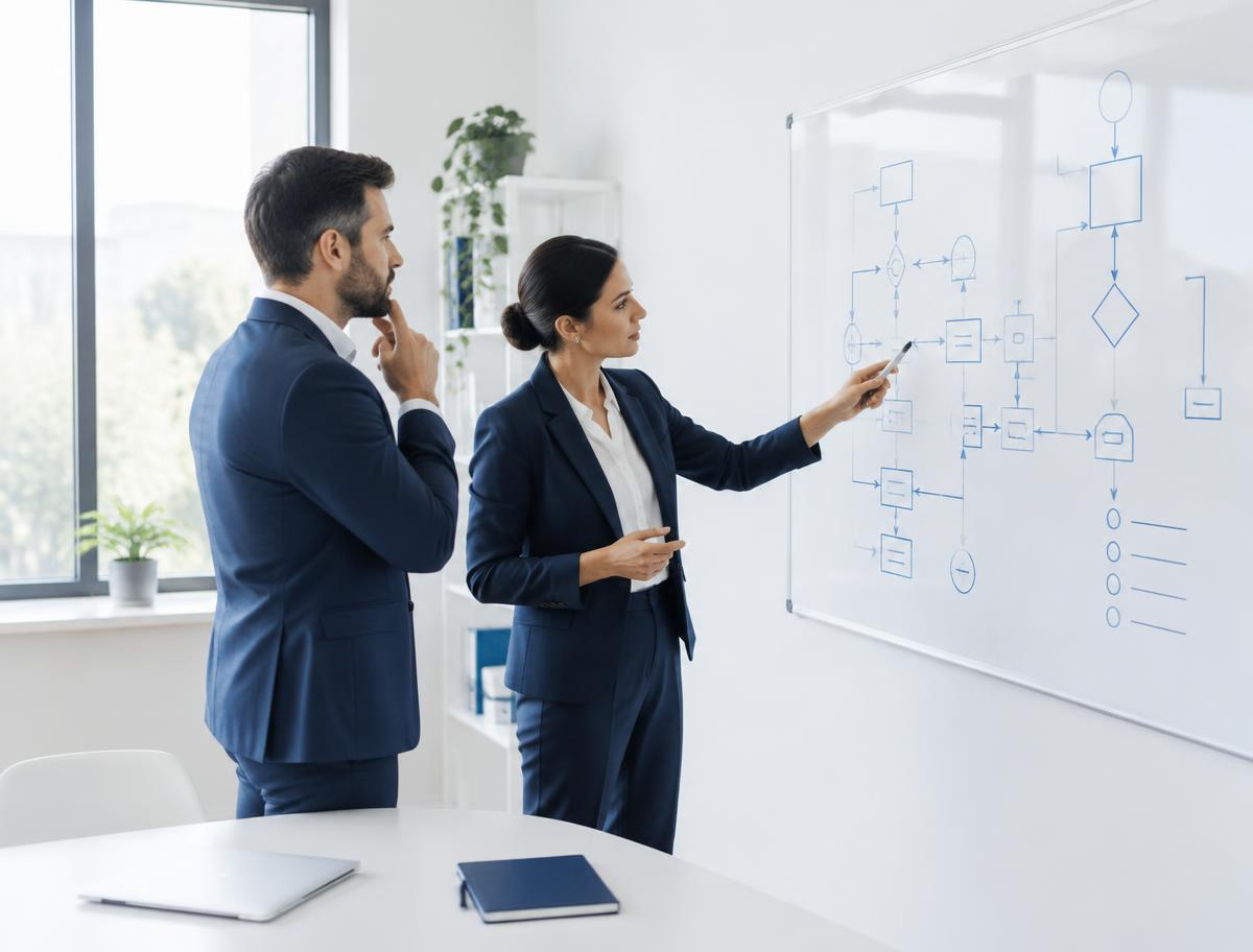 Consultants reviewing a process diagram